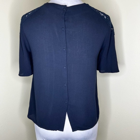 ZARA Basic Blouse XS Navy Blue Lace Shoulder Button Back Minimalist Crewneck - Picture 2 of 5